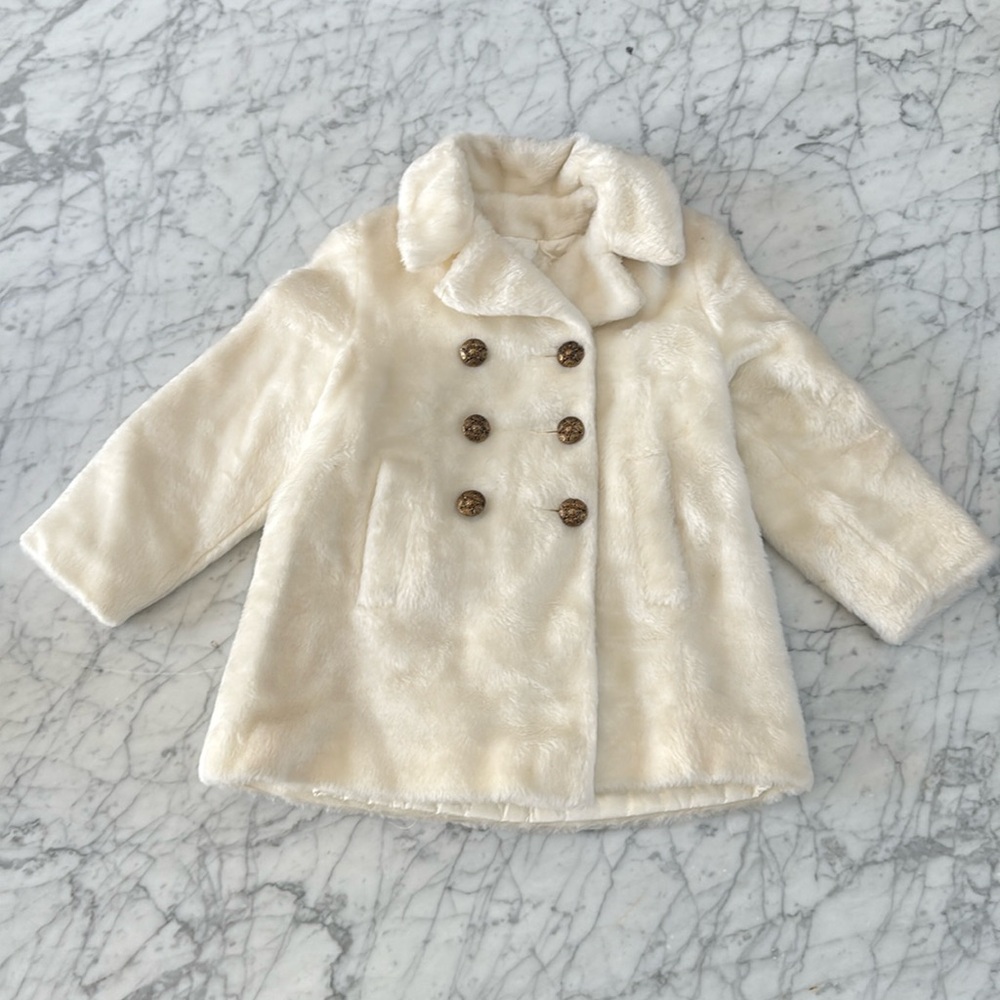 Vintage 1960s Toddler Pea Coat Ivory Faux Fur Double Breasted Winter Malden 5T